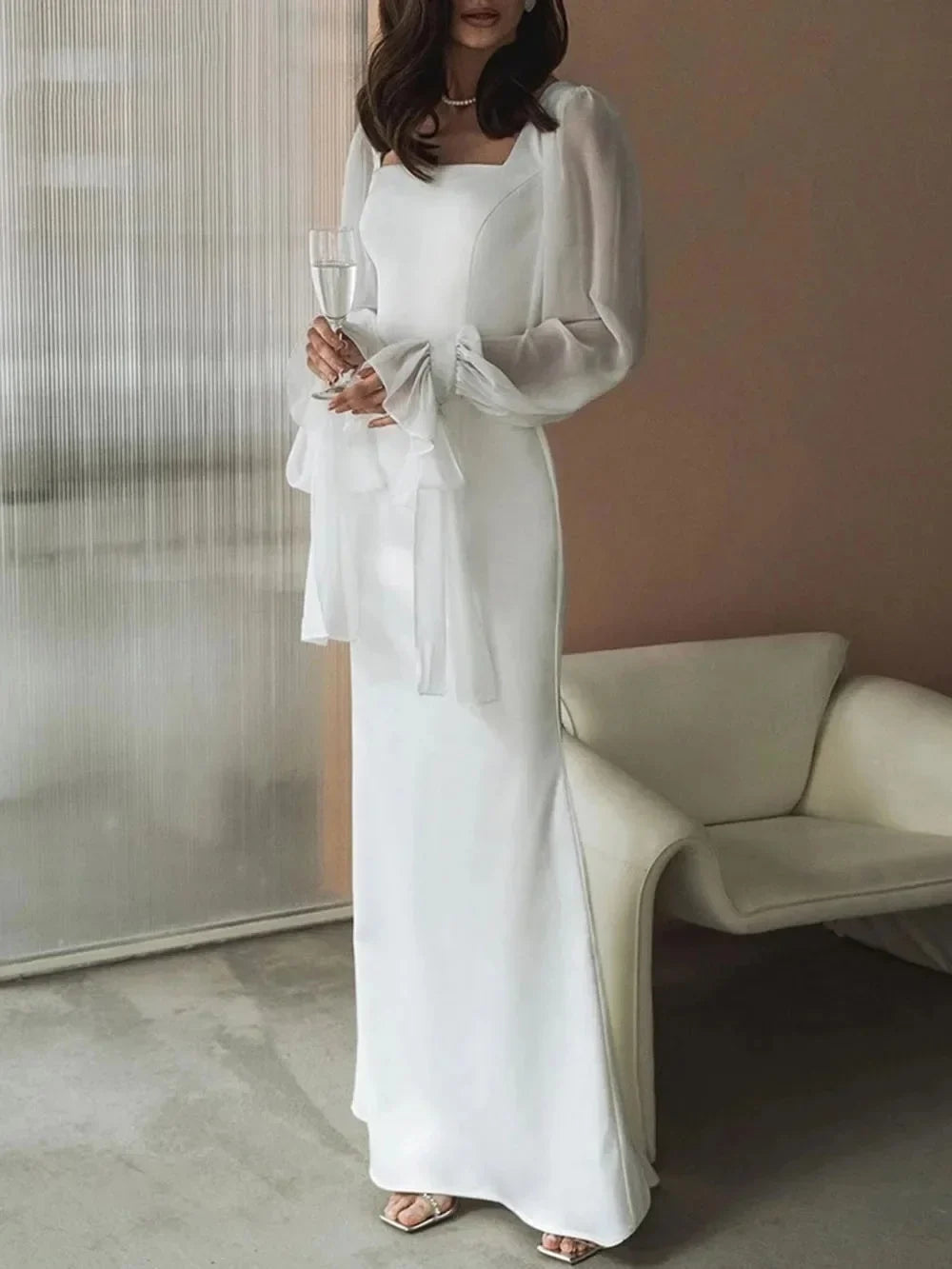 Simple Wedding Dresses Square Neck Puff Sleeves Civil Satin Bride Dresses Vintage CCustomize To Measures Bride Gown