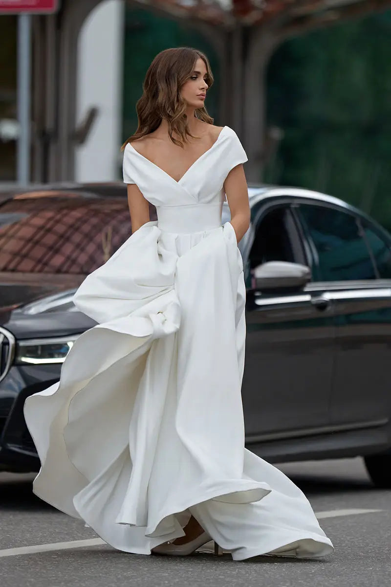 Elegant Wedding Dress A-Line Side Slit For Women Satin Floor Length Off The Shoulder Charming Civil Customize To Measures Robe