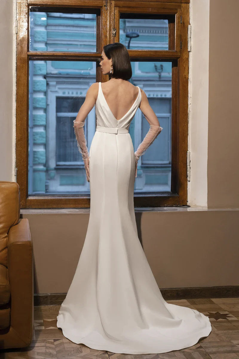 Stunning A-line Wedding Dress Spandex V-Neck Backless Side Slit Detachable Skirt Customize To Measures Bridal Gowns Robe De