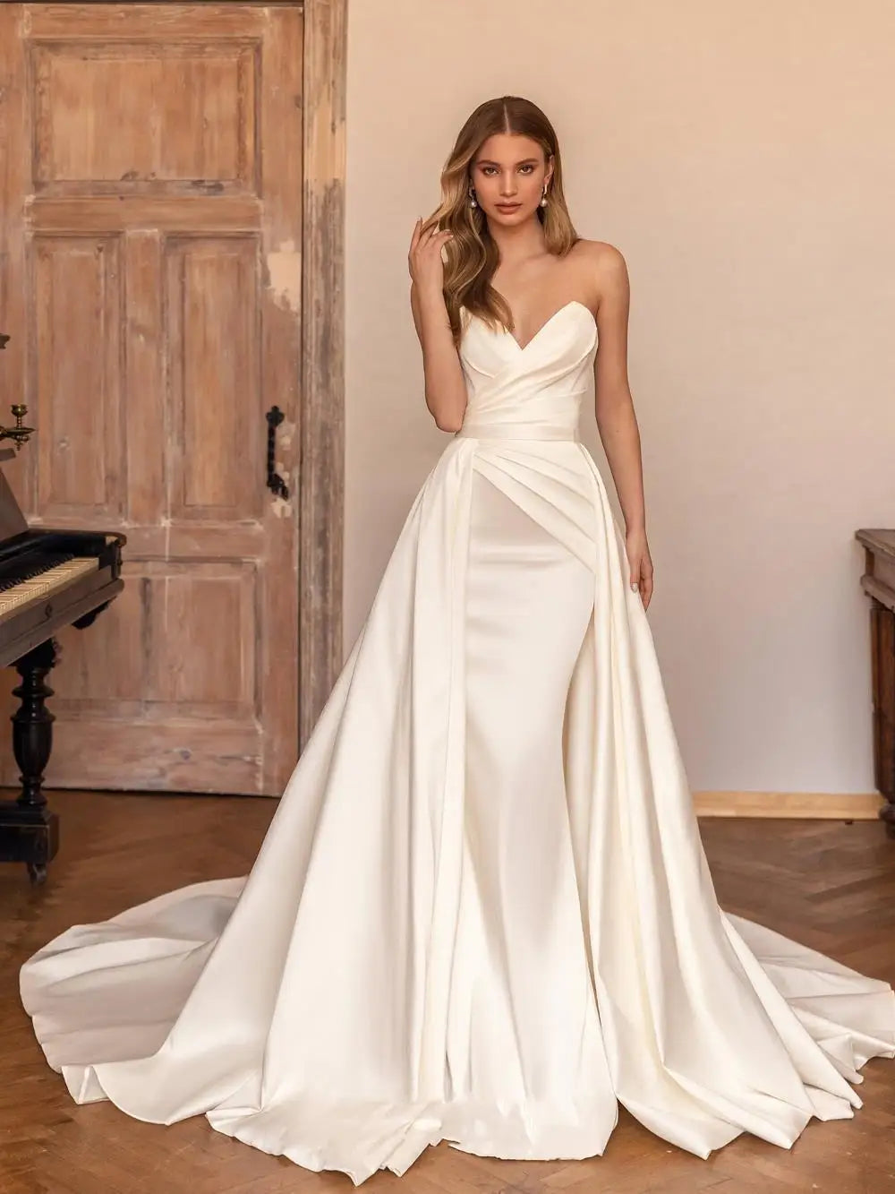 Sexy Satin Off Shoulder Wedding Dresses With Detachable Train Sweetheart A-Line White/Ivory Bridal Gowns vestidos de novia 24W