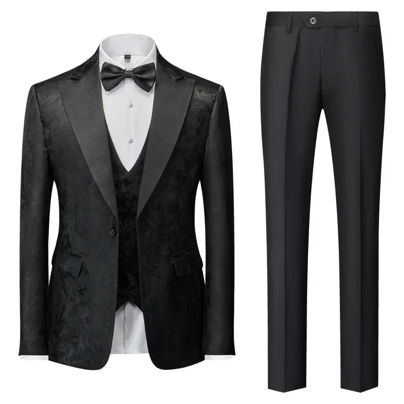 (Jacket Pants Vest) New Men's Casual Business Tuxedo Wedding Flower Dresses Blazers/Men Slim Fit Printed Suit 3 Pcs Set 4XL 5XL black