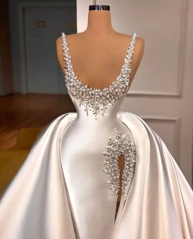 Luxury Beads Mermaid Pearls Bridal Gown with Detachable Train Side Split Wedding Dresses For Women Custom Made Vestido De Novia 14W