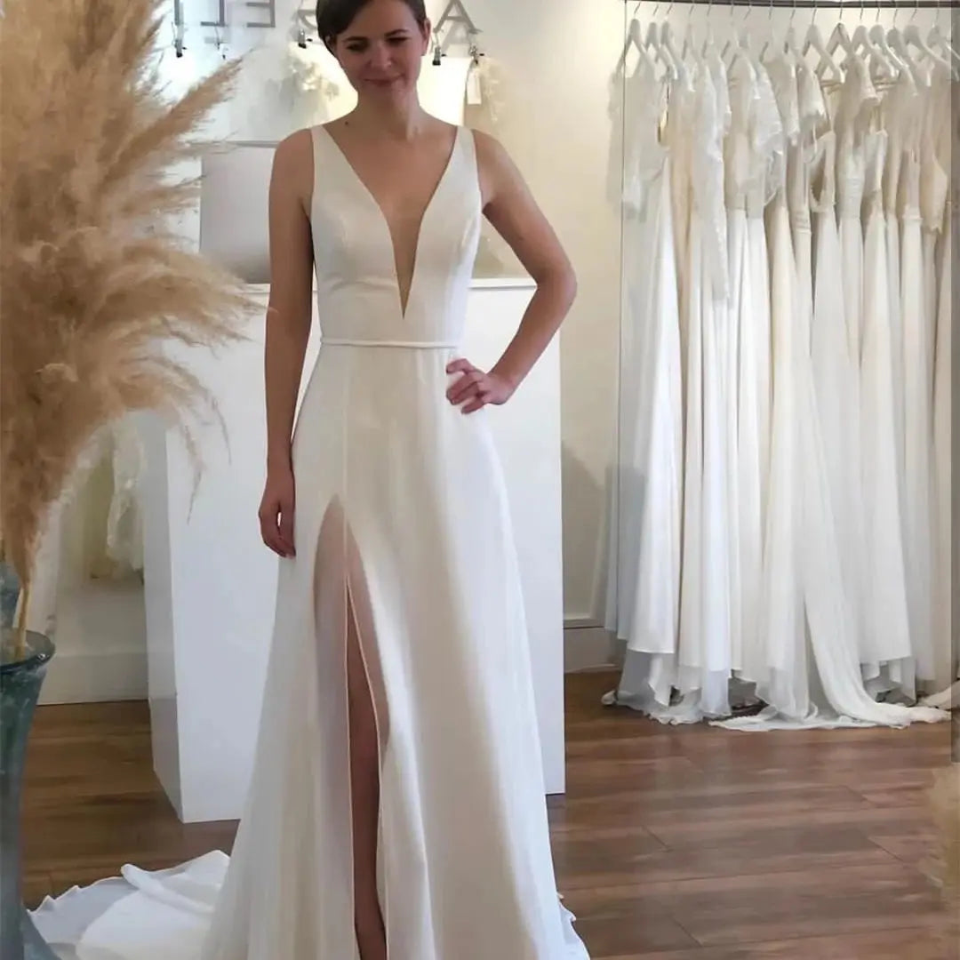 A-Line Wedding Dress V-Neck White Satin Side Slit Bridal Gowns Sleeveless Sweep Train Robe De M Bride Dress Customize To Measure