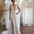 A-Line Wedding Dress V-Neck White Satin Side Slit Bridal Gowns Sleeveless Sweep Train Robe De M Bride Dress Customize To Measure White