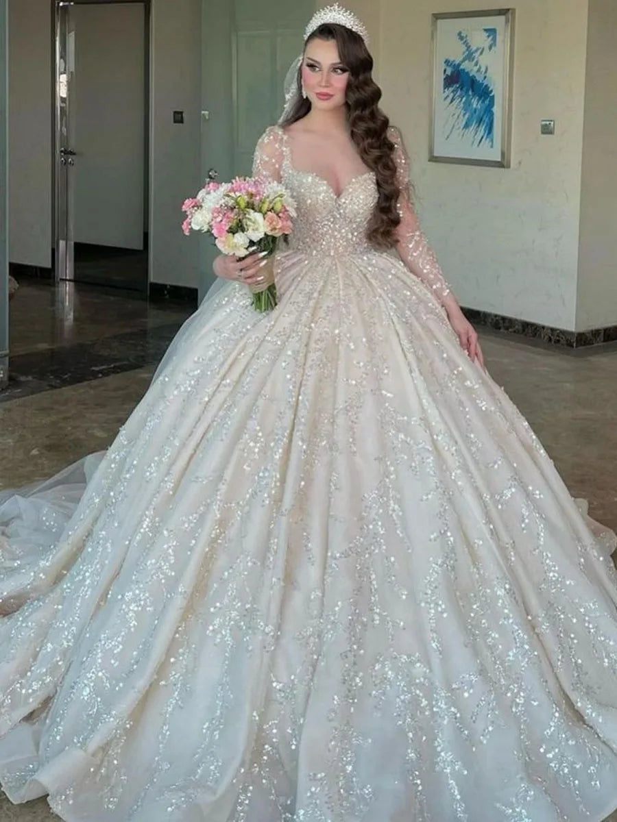 Luxury Long Sleeve Dubai Wedding Dress Ball Gown Plus Size Sequined Beading Illusion Saudi Arabic Bridal Gown As Pictures