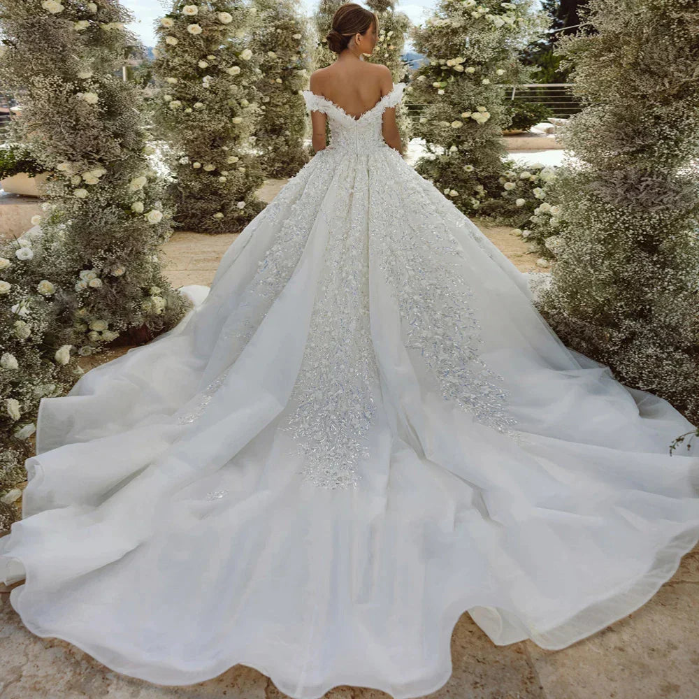 Haohao Ball Gown Princess Wedding Dresses Sweetheart Off The Shoulder Vestido De Novia Lace Sequined Shiny Robe De Mariee