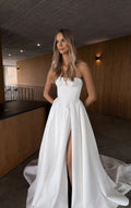 Strapless A-line Wedding Dress Vintage Satin Sweep Train High Slit Bridal Gowns Customize Robe De Mariee Custom Made