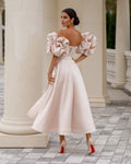 A-line Midi Wedding Dress with Puff Sleeves. Lace-up Back Corset Court Train Bridal Gowns Vestido De Novia Mermaid Princess