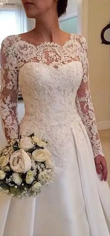 Elegant Backless Wedding Dress Vintage robe de mariée Lace Satin Long Sleeve Bride Dresses Custom Made Robe De Mariee 24W