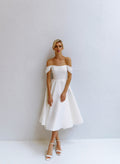 Off-the-Shoulder A-Line Wedding Dress with Bow Satin Court Train Mermaid Sleeves Modern Princess White Satin Bridal Gowns Mermaid Vestido De Novia Short