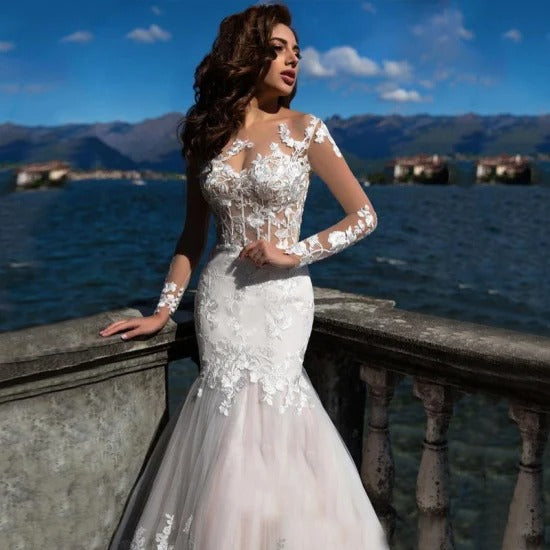 Long Sleeves Mermaid Wedding Dresses Lace Applique Scoop Neck Bridal Gowns Sweep Train Vestidos De Novia Custom