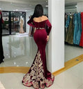 Red Wine Moroccan Kaftan Long Evening Dress Sexy Mermaid Dubai Formal Gowns Charming Gold Appliques Celebrity Dresses Plus Size