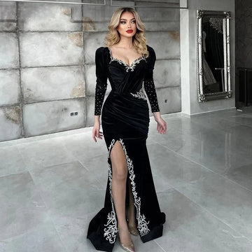 Black Mermaid Evening Dresses Moroccan Caftan Applique Long Sleeves Prom Gowns Split Women Party Guest Dress