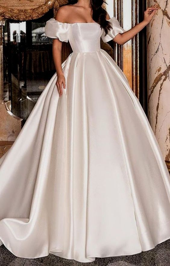 Short Sleeves Satin Ball Gown Wedding Dress Boat Neck Vintage Trouwjurk Robe Mariage Off the Shoulder Simple Vestidos De Novia