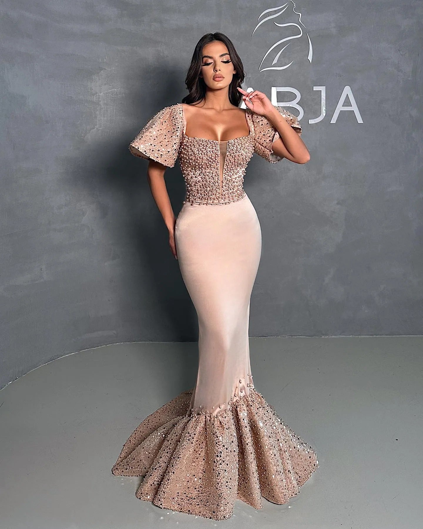 Sansa Luxury Champagne Glitter فساتين السهرة Square Collar Mermaid Vestidos De Noche Elegant Floor-Length Shiny Prom Dresses