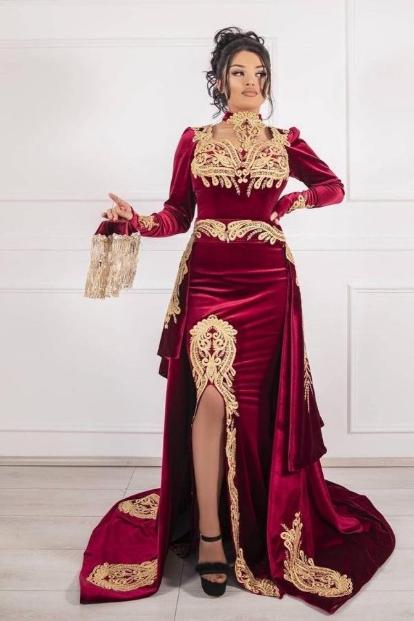 Velvet Long Sleeve Caftan Evening Dresses With Detachable Train Mermaid Prom Dress Evening Lace Formal Party Dress