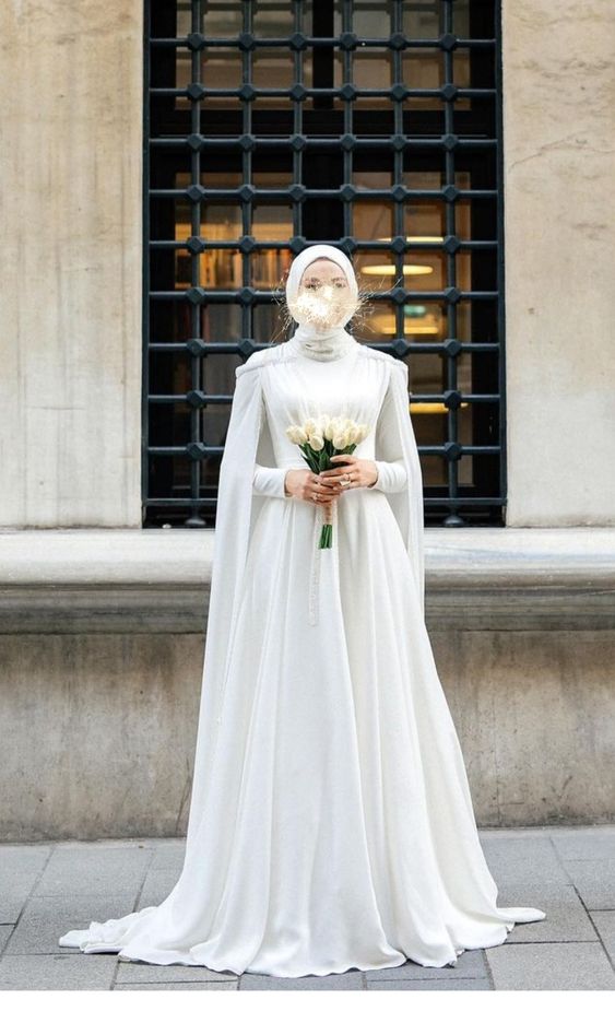 Elegant France Muslim Hijab Wedding Dress A-Line Chiffon Cape Dubai Arabic Vestidos De Novia White Bridal Dress for Bride