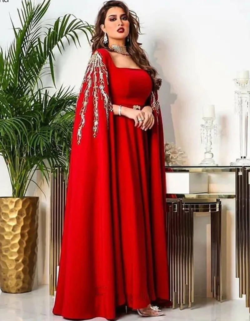 Red Satin A Line Caftan Evening Dresses Long Cape Beads Applique Embroidery Dubai Arabic Women Formal Prom Gowns