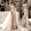 Elegant 2 in 1 Wedding Dress Detachable Train Luxury Lace Appliques Bridal Gown Tulle Button A-Line Mermaid Vestido De Noiva