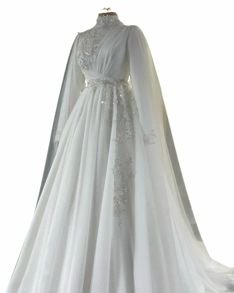 Vestido De Noiva Delicate Chiffon with Beading Plus Size Wedding Dresses for Bride Tulle Cape Muslim Bridal Gown