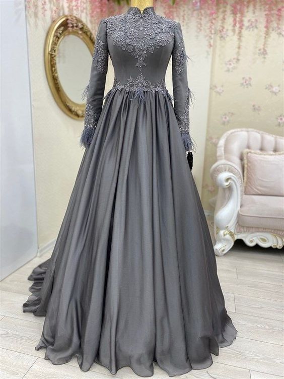 Elegant Gray Dubai Muslim Formal Dress Robe De Soirée Femme Lace Beaded A-Line Wedding Party Dresses Evening Prom Gowns Real