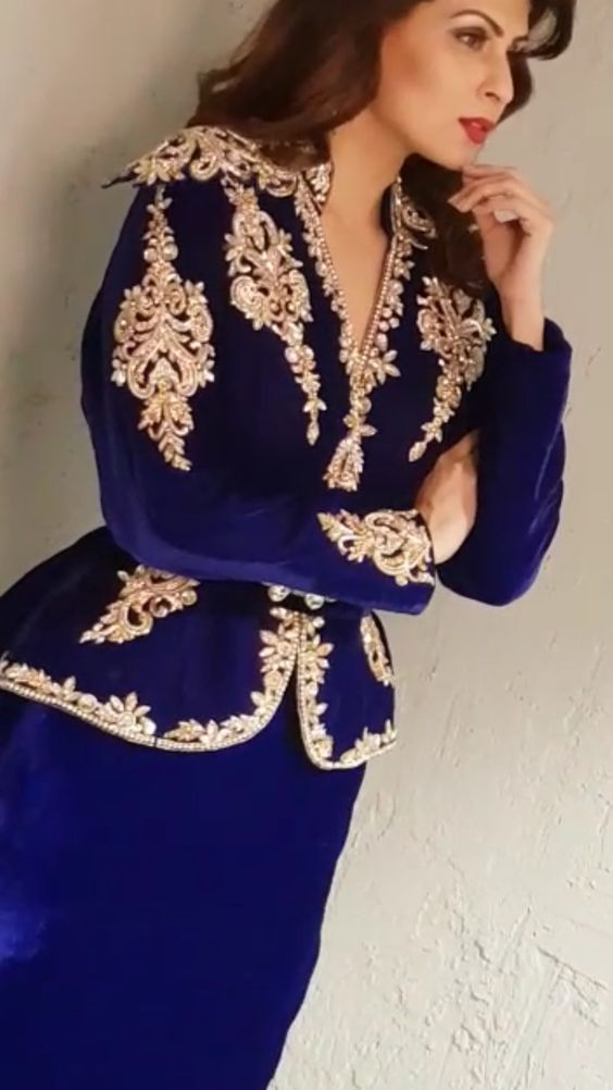 Royal Blue Karakou Algerian Caftan Evening Dresses Velvet Long Sleeve 3 Peices Detachable Belt Dubai Prom Party Gowns