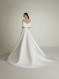 Ballgown Wedding Dress with Off-Shoulder Neckline Vestido De Novia Bow Satin Court Train Sleeves Bridal Gowns White Satin Mermaid Modern Princess