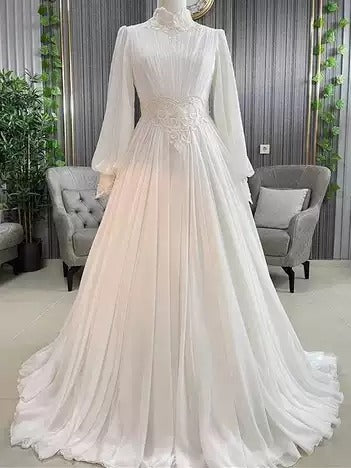 Ivory Wedding Dress for Women Bride A-Line Chiffon Pleated Robe De Mariée Princesse France Lace Muslim Bridal Gowns