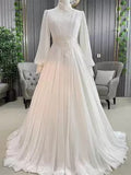 A-Line High Neck Muslim Wedding Gowns For Women Bride Long Sleeves Chiffon Lace Bridal Dress Vestido De Noiva Casamento