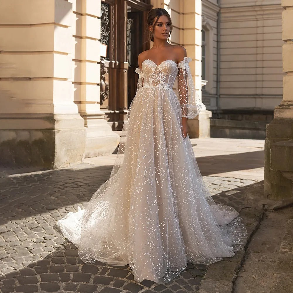 Flavinke Sexy Sweetheart Strapless Puff Sleeves A-Line Wedding Dresses For Bride Backless Glitter Dot Tulle Robe De Marié 2024