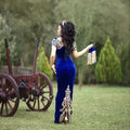 Moroccan Caftan Evening Dresses Gold Lace Appliques Cap Sleeve Royal Blue Mermaid Velvet Arabic Prom Gowns Long Party Dress