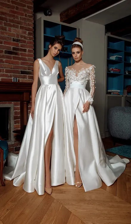 Attractive A-Line Wedding Gown for Bride Slit Illusion Buttons 3D Appliques Beadings Pleated Court Train Robe De Mariee