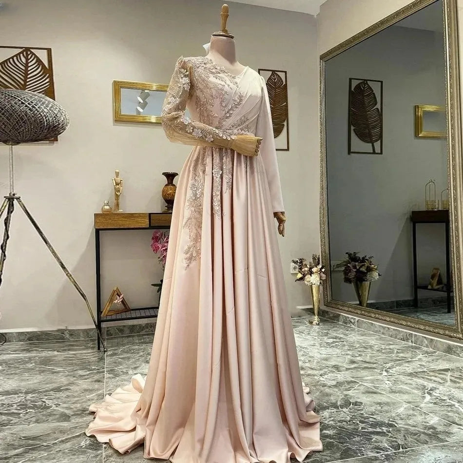 A-Line Pink Muslim Evening Dresses Long Luxury Beading Flowers Lace Women Formal Dress With Sleeves Satin Vestidos De Gala