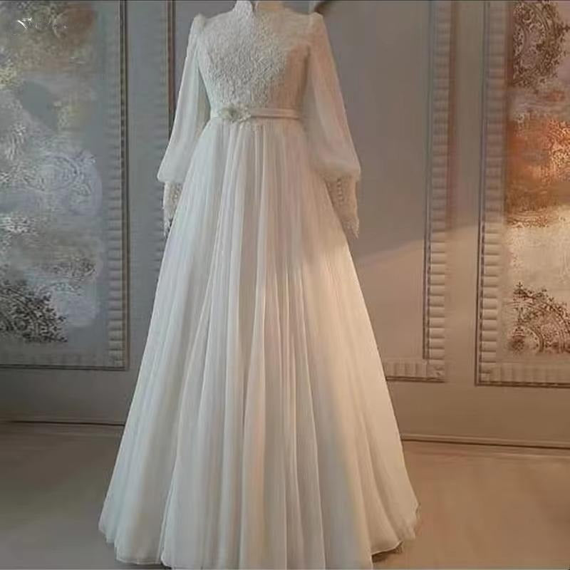 Robe De Mariée Elegant Long Sleeve Wedding Dresses A-Line Tulle Lace High Neck Dubai Arabic Muslim Bridal Gown for Bride