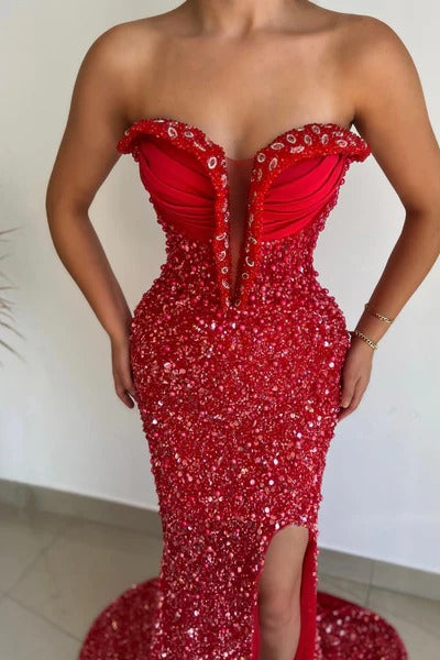 Sansa Luxury Red Glitter فساتين السهرة Strapless Deep V-neck Mermaid Vestidos De Noche Sleeveless Sexy Side Split Prom Dresses