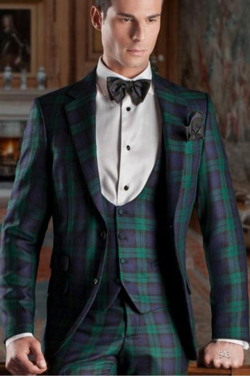 Safari Style Men Suits For Business Green Plaid Check Jacket Vest Pants 3 Pieces Prom Party Groom Wedding Tuxedos Custom Made