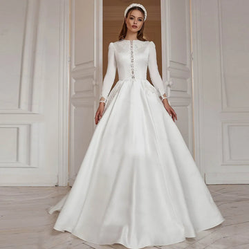 A-Line Muslim Wedding Dress Elegant Islamic Abaya White Long Sleeve Wedding Gown For Bride Dubai Vestidos De Novia