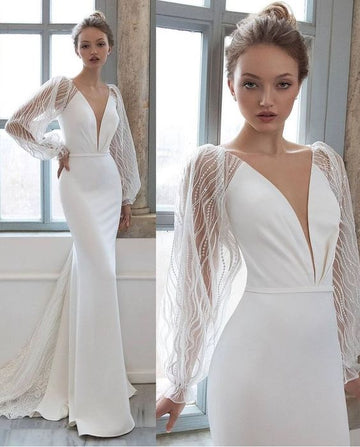 Elegant Sexy Lace Deep V Neck Wedding Dresses For Women Puff Sleeves Satin Mermaid Bridal Gown Custom Vestidos De Novia