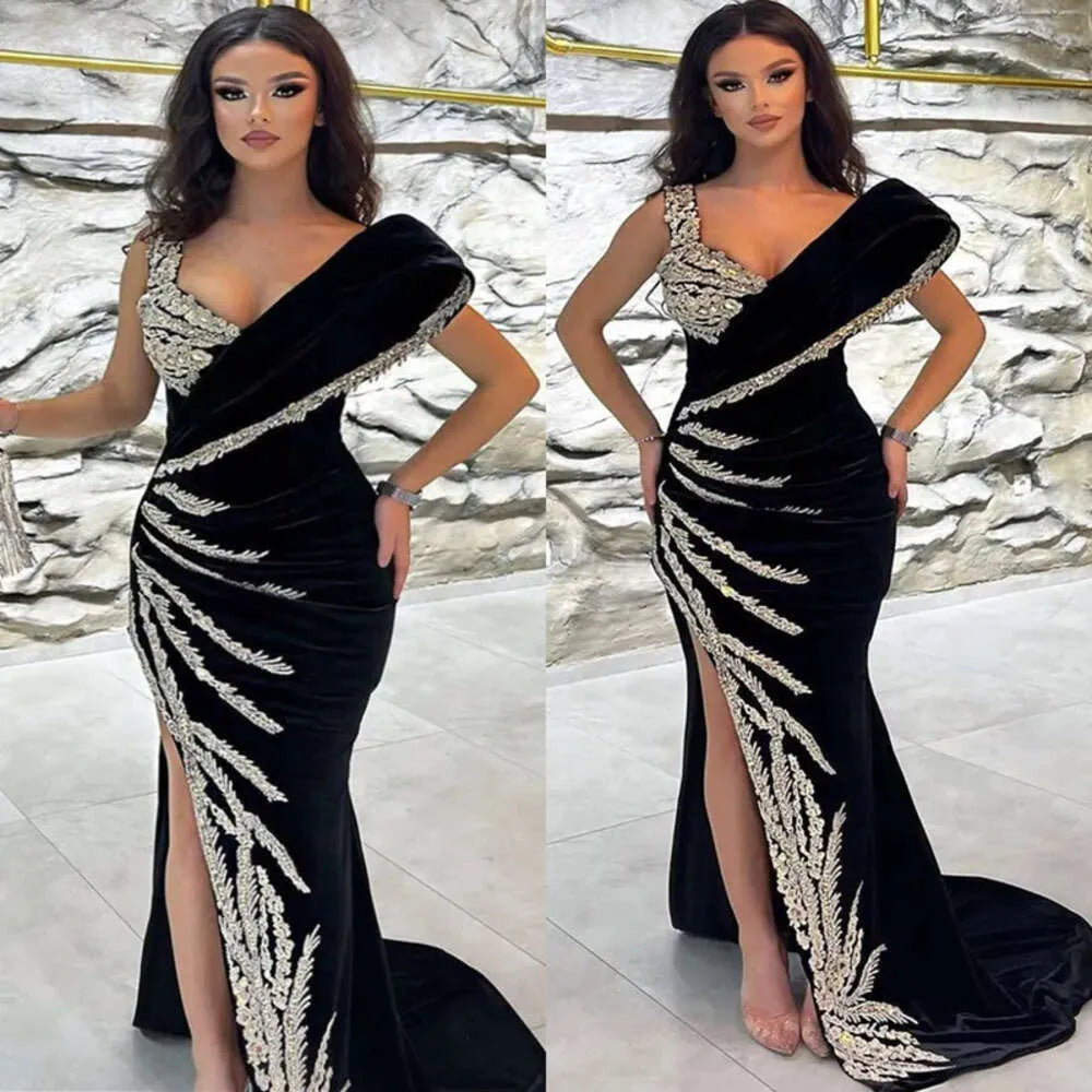 Black Algeria Caftan Evening Dress Beading Lace Off The Shoulder Elegant Mermaid Velvet Arabic Prom Gowns Party Dress