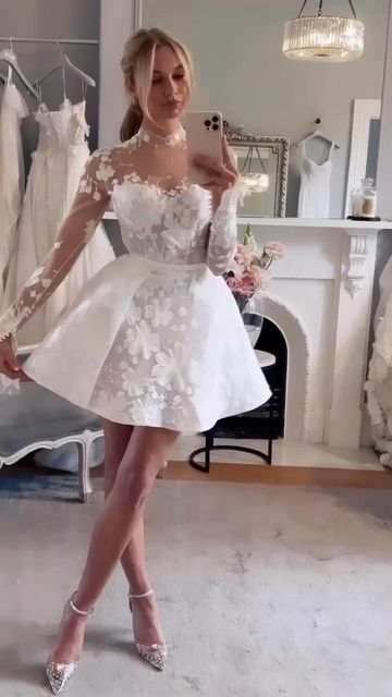 SoDigne High Neck Mini Wedding Dress Long Sleeve Bridal Gown Illusion Robe De Mariée Lace Applique Tull Bride Party Dress