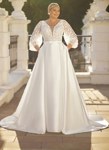 EVON BRIDAL Exquisite Plus Size Wedding Dress For Big Women Puff Sleeves Bride Gown With Pockets Classic Satin Bridal Dresses