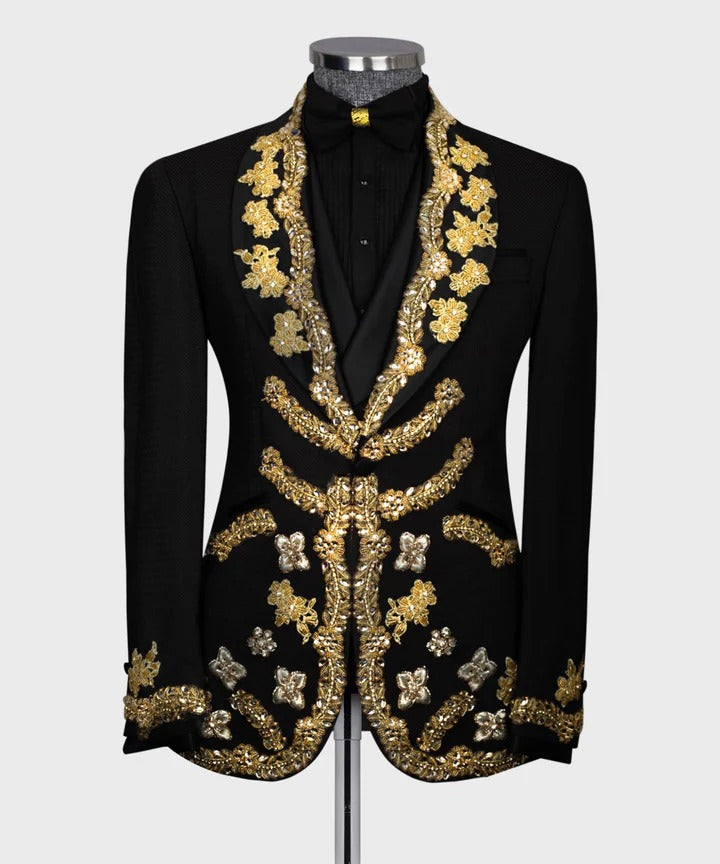 Luxurious Beaded Gold Appliques Men Suits Groom Wedding Tuxedos 3 Pieces Sets Male Prom Blazers Pants Outfit Terno Masculino