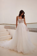 Simple Square Collar Sleeveless A-Line Wedding Dresses Glitter Crystal Spaghetti Straps Bridal Gowns Robe De Mariée