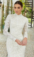 Laboum Elegant High-Neck Wedding Dresses for Women Full Sleeves Fit and Flare Lace Court Train Floor-Length Robe De Marie