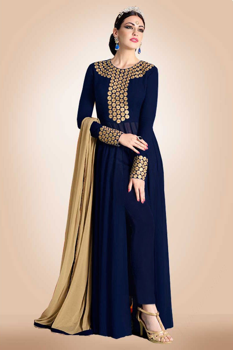 Moroccan Kaftan Evening Dresses Navy Blue Georgette Straight Cut Trouser Suit Dubai Arabic Women Formal Occasion Gowns Blue