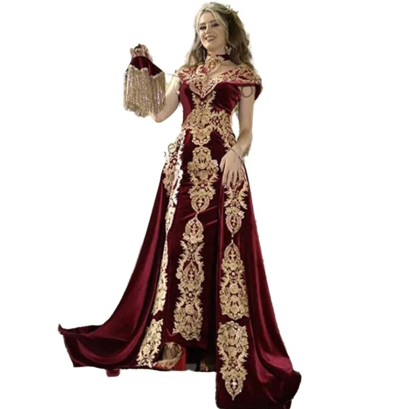 Moroccan Caftan Evening Dress Gold Appliques Lace Outfit Detachable Train Mermaid Velvet Arabic Prom Gowns Party Dress