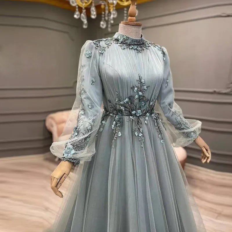 Dusty Blue Long Sleeve Muslim Evening Gowns A Line Tulle Beading Flowers Elegant Arabic Dubai Formal Prom Dresses Robe De Mariée