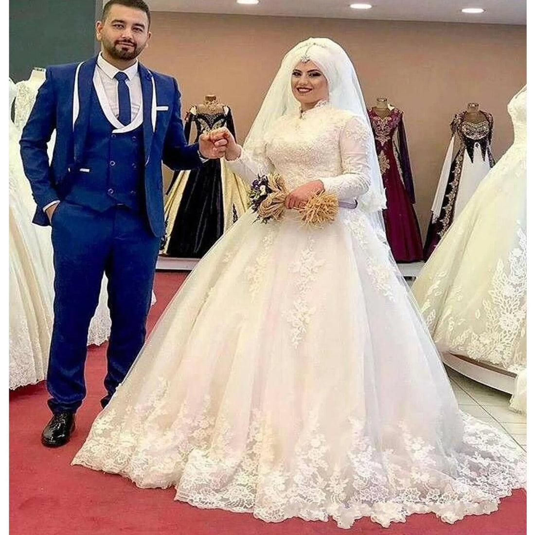 Elegant Muslim Wedding Dresses High Neck Lace applique Long Sleeve Arabic Wedding Gowns Wedding Dress Robe De Mariee White