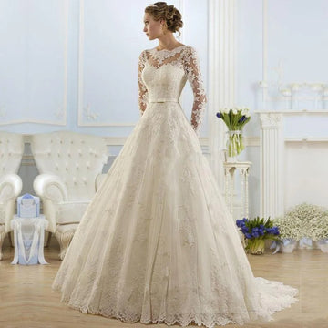 New Long Sleeves Lace Wedding Dress Elegant Tulle Appliques Bridal Gowns Simple Sweep Train O-Neck A Line Vestidos De Novia