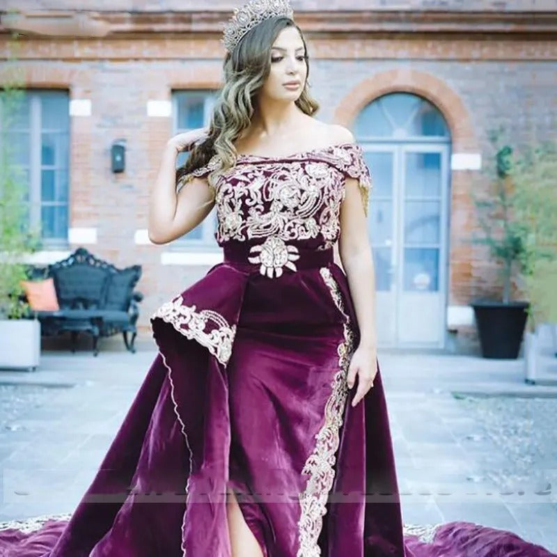 Caftan 2-Piece Outfit Evening Dress Off The Shoulder Algerian Special occasion Dresses Lace Evening Party Gowns Burgundy